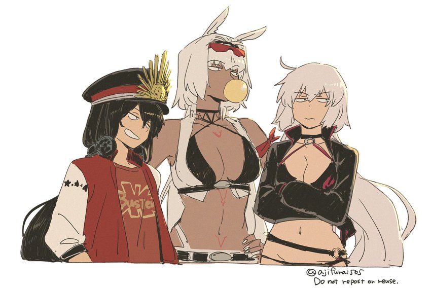 3girls animal_ears asaya_minoru bare_shoulders bikini black_bikini black_hair black_headwear blowing_bubble_gum blowing_bubbles breasts buster_shirt caenis_(fate) caenis_(swimsuit_rider)_(fate) caenis_(swimsuit_rider)_(second_ascension)_(fate) chewing_gum cleavage closed_mouth collarbone crest cropped_torso crossed_arms dark-skinned_female dark_skin english_text eyewear_on_head family_crest fate/grand_order fate_(series) grey_hair grin hair_between_eyes hand_on_own_hip hat headphones headphones_around_neck jacket jeanne_d&#039;arc_(fate) jeanne_d&#039;arc_alter_(fate) jeanne_d&#039;arc_alter_(swimsuit_berserker)_(fate) letterman_jacket long_hair long_sleeves medium_breasts multiple_girls navel o-ring oda_nobunaga_(fate) oda_nobunaga_(swimsuit_berserker)_(fate) oda_nobunaga_(swimsuit_berserker)_(first_ascension)_(fate) oda_uri open_clothes open_jacket peaked_cap puffy_long_sleeves puffy_sleeves red-tinted_eyewear red_jacket red_shirt shirt shrug_(clothing) simple_background smile swimsuit tinted_eyewear twitter_username upper_body v-shaped_eyebrows very_long_hair watermark wavy_mouth white_background