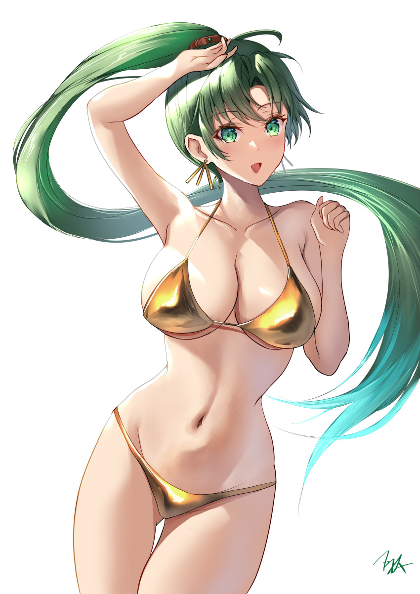 1girl :d absurdres arerex arm_up armpits bare_arms bikini breasts cleavage cowboy_shot fire_emblem fire_emblem:_the_blazing_blade floating_hair gluteal_fold gold_bikini green_eyes hand_up high_ponytail highres large_breasts long_hair looking_at_viewer lyn_(fire_emblem) navel nintendo open_mouth ponytail simple_background smile solo stomach swimsuit thigh_gap thighs underboob very_long_hair white_background