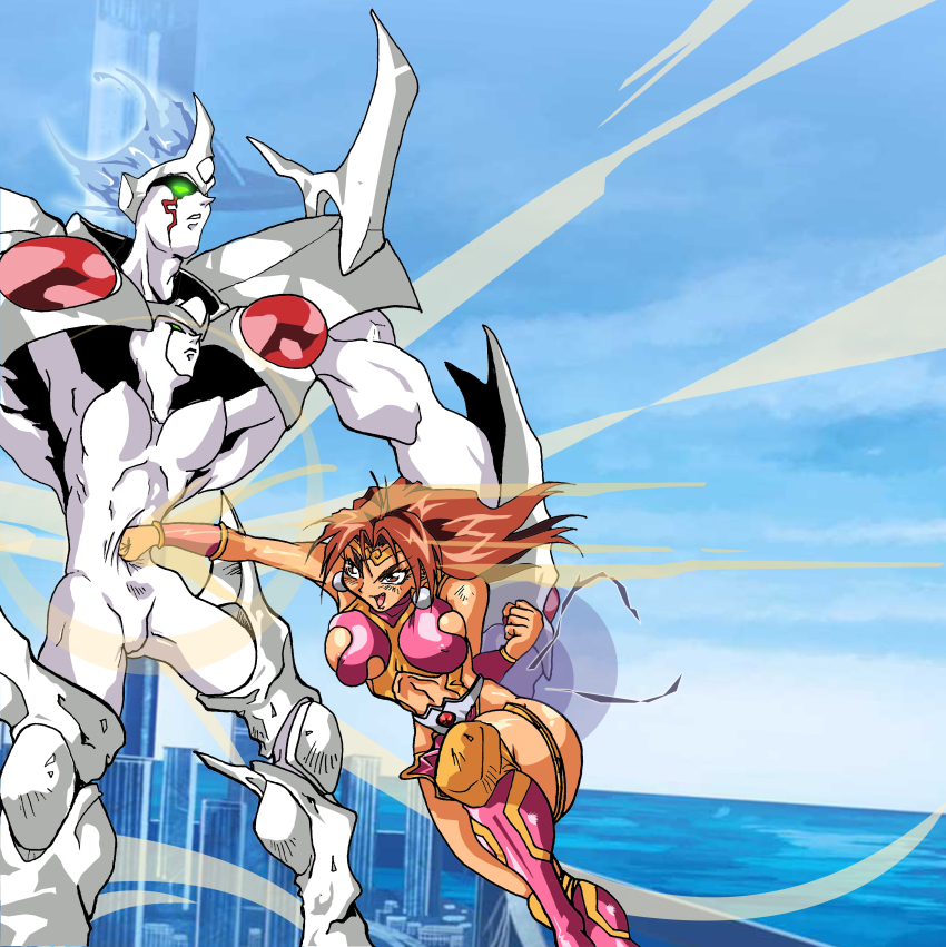 absurdres asahina_suzu battle breasts brown_hair choujin_gakuen_gowcaizer city fighting game highres ocean platonic_twins punching son_karin tan technos torn_clothes