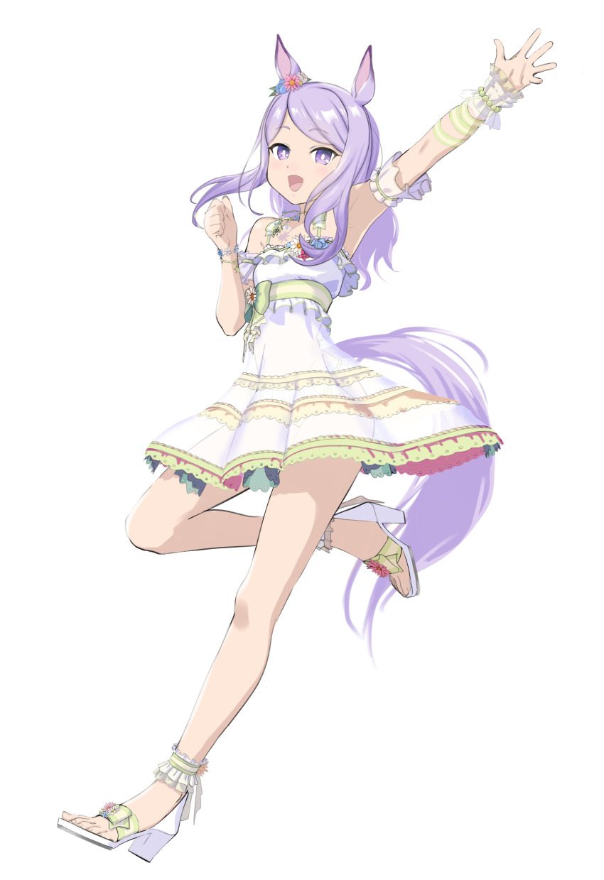 1girl absurdres animal_ears arm_up armpits bikini blush clenched_hand commentary_request commission dress dress_swimsuit frilled_bikini frilled_dress frills full_body hahihuheguy high_heels highres horse_ears horse_girl horse_tail horseshoe kneeling long_hair looking_at_viewer mejiro_mcqueen_(ripple_fairlady)_(umamusume) mejiro_mcqueen_(umamusume) official_alternate_costume official_alternate_hairstyle open_mouth purple_eyes purple_hair sandals see-through_bikini see-through_clothes see-through_dress skeb_commission smile solo standing standing_on_one_leg swimsuit tachi-e tail transparent_background umamusume white_dress white_sandals