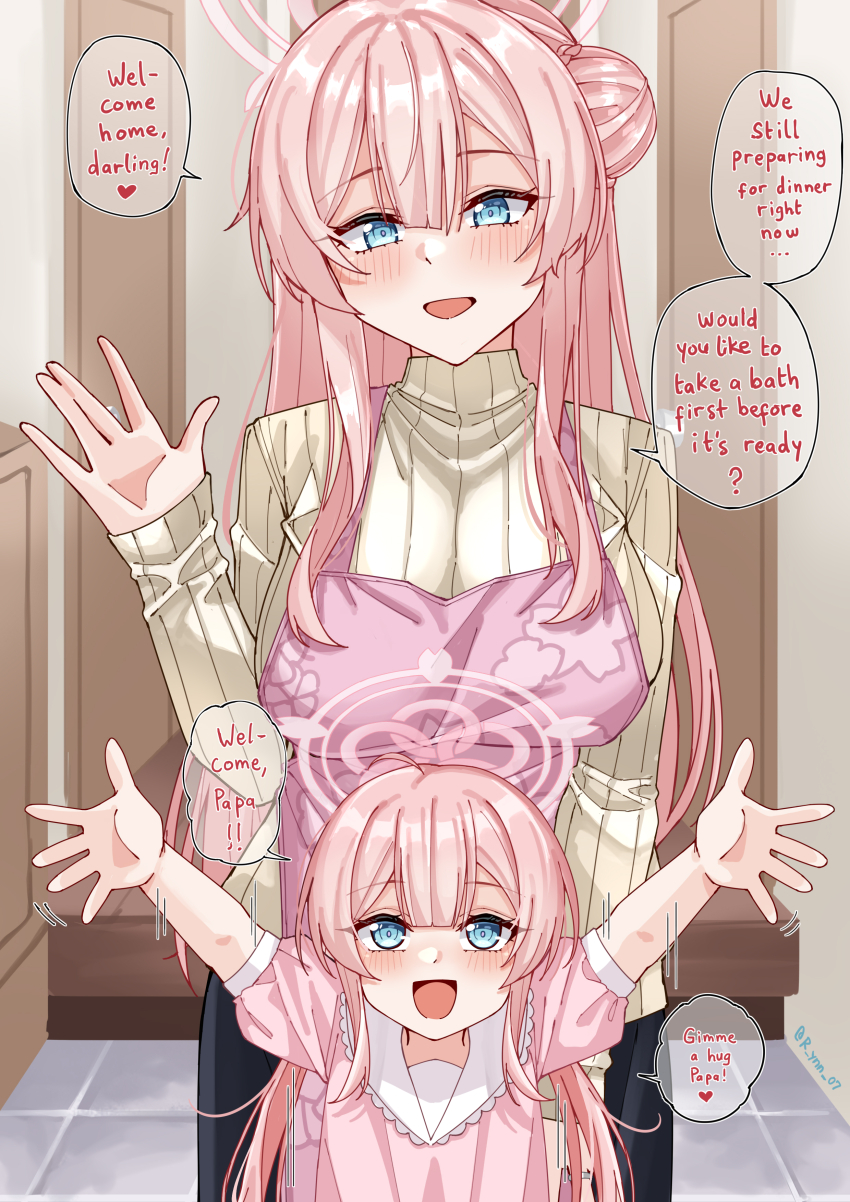 :d absurdres aged_up apron blue_archive blue_eyes blush collar dress english_text frilled_collar frills hair_between_eyes happy highres housewife mature_female mimori_(blue_archive) mother_and_daughter open_mouth pink_dress pink_hair puffy_short_sleeves puffy_sleeves ribbed_sweater rynn_(darknescorez) short_sleeves smile speech_bubble sweater