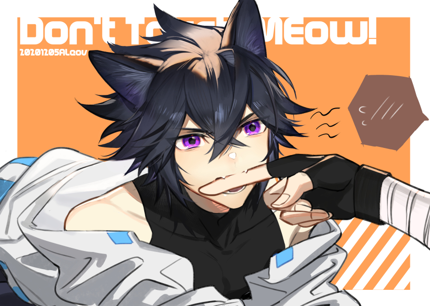 2boys aleo animal_ear_fluff animal_ears aotu_world bandaged_arm bandages bare_shoulders biting black_gloves black_hair black_shirt border cat_boy cat_ears collarbone covered_collarbone english_text fang fangs fingerless_gloves gloves hair_between_eyes highres jacket kemonomimi_mode male_focus multiple_boys off_shoulder open_mouth orange_background purple_eyes ray_(aotu_world) shirt short_hair sleeveless sleeveless_shirt solo_focus speech_bubble teeth two-tone_background upper_body v-shaped_eyebrows white_border white_jacket yaoi