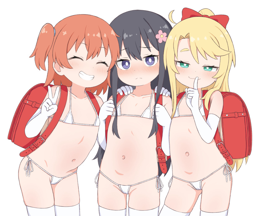 3girls backpack bag bikini black_hair blonde_hair blush bow closed_eyes closed_mouth collarbone commentary commission cowboy_shot elbow_gloves english_commentary facing_viewer flat_chest flower gloves green_eyes hair_bow hair_flower hair_ornament half_updo highres himesaka_noa hoshino_hinata loli long_hair looking_at_viewer medium_hair micro_bikini multiple_girls navel one_side_up parted_lips pixiv_commission purple_eyes randoseru red_bag red_bow red_hair shirosaki_hana side-tie_bikini_bottom simple_background smile string_bikini swimsuit thighhighs tooteki watashi_ni_tenshi_ga_maiorita! white_background white_bikini white_gloves white_thighhighs