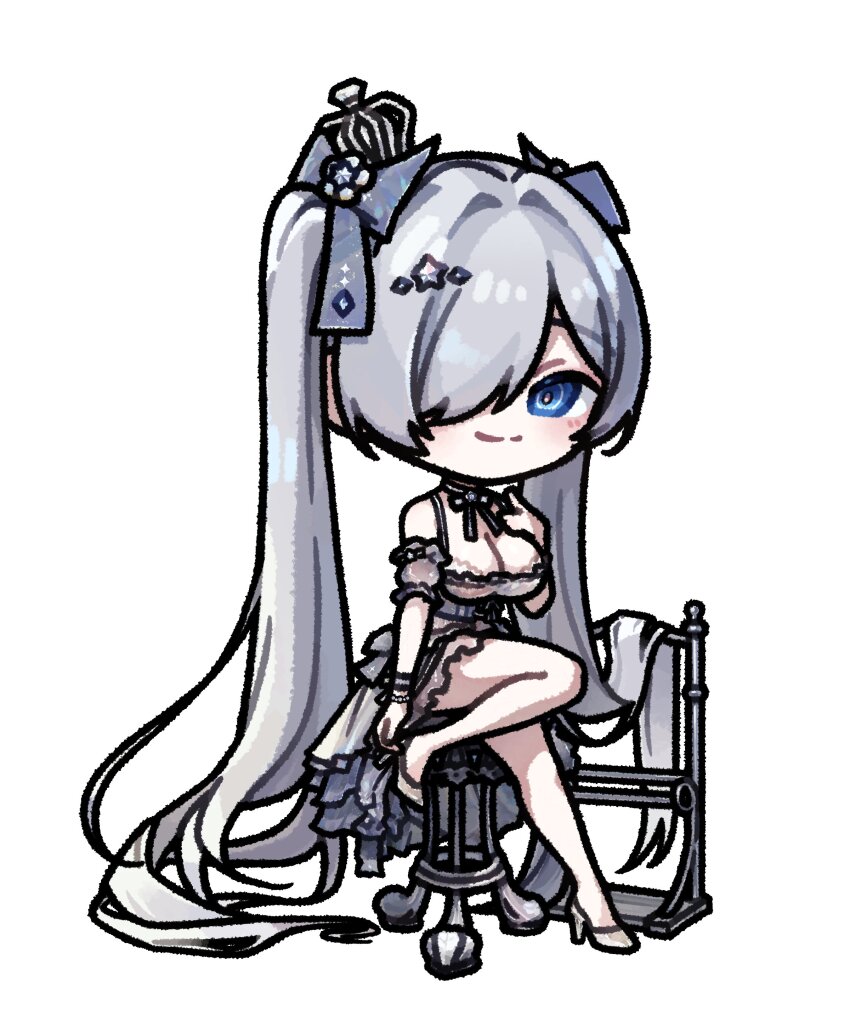 1girl absurdres armband bare_shoulders blue_eyes blush breasts chibi cinderella_(glass_princess)_(nikke) cleavage closed_mouth collarbone corset crown dress frilled_armband frilled_dress frilled_wristband frills goddess_of_victory:_nikke hair_intakes hair_ornament hair_over_one_eye hair_ribbon hand_on_own_chest high_heels highres large_breasts leamun light_smile long_hair looking_at_viewer mini_crown neck_ribbon parted_bangs ribbon simple_background smile solo stool thighs twintails very_long_hair white_background white_dress white_hair