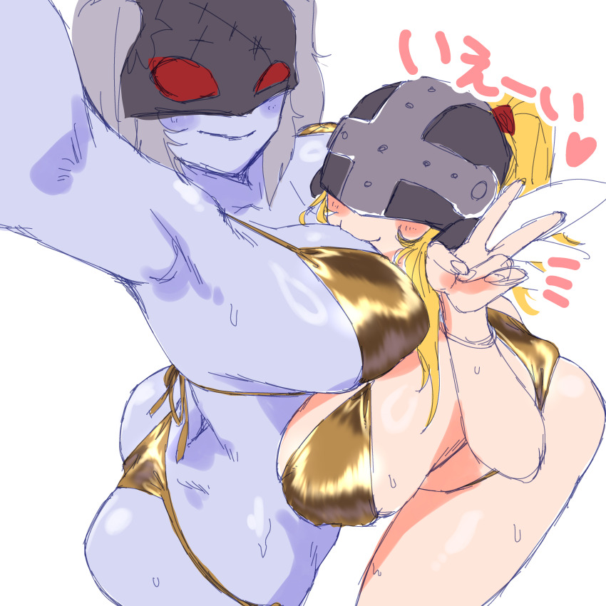 2girls absurdres angewomon arm_up ass bikini blonde_hair blush breast_biting breasts colored_skin commentary_request covered_eyes cowboy_shot digimon digimon_(creature) gerusyu gold_bikini golden_week grey_hair grey_skin heart helmet helmet_over_eyes highres ladydevimon large_breasts multiple_girls selfie simple_background sketch swimsuit v white_background
