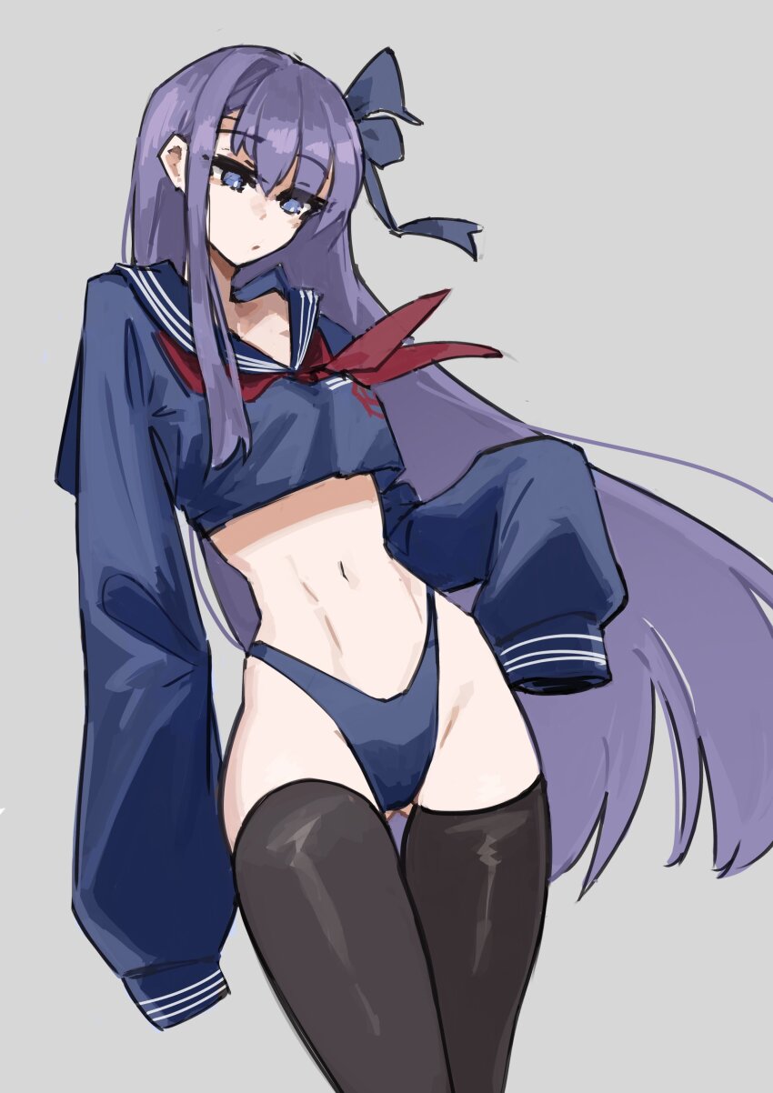 1girl absurdres bikini blue_eyes breasts cowboy_shot fate/grand_order fate_(series) floating_hair gluteal_fold highleg highres jonyeld long_hair meltryllis_(fate) navel purple_hair sailor school_uniform simple_background small_breasts solo swimsuit thighhighs upper_body white_background