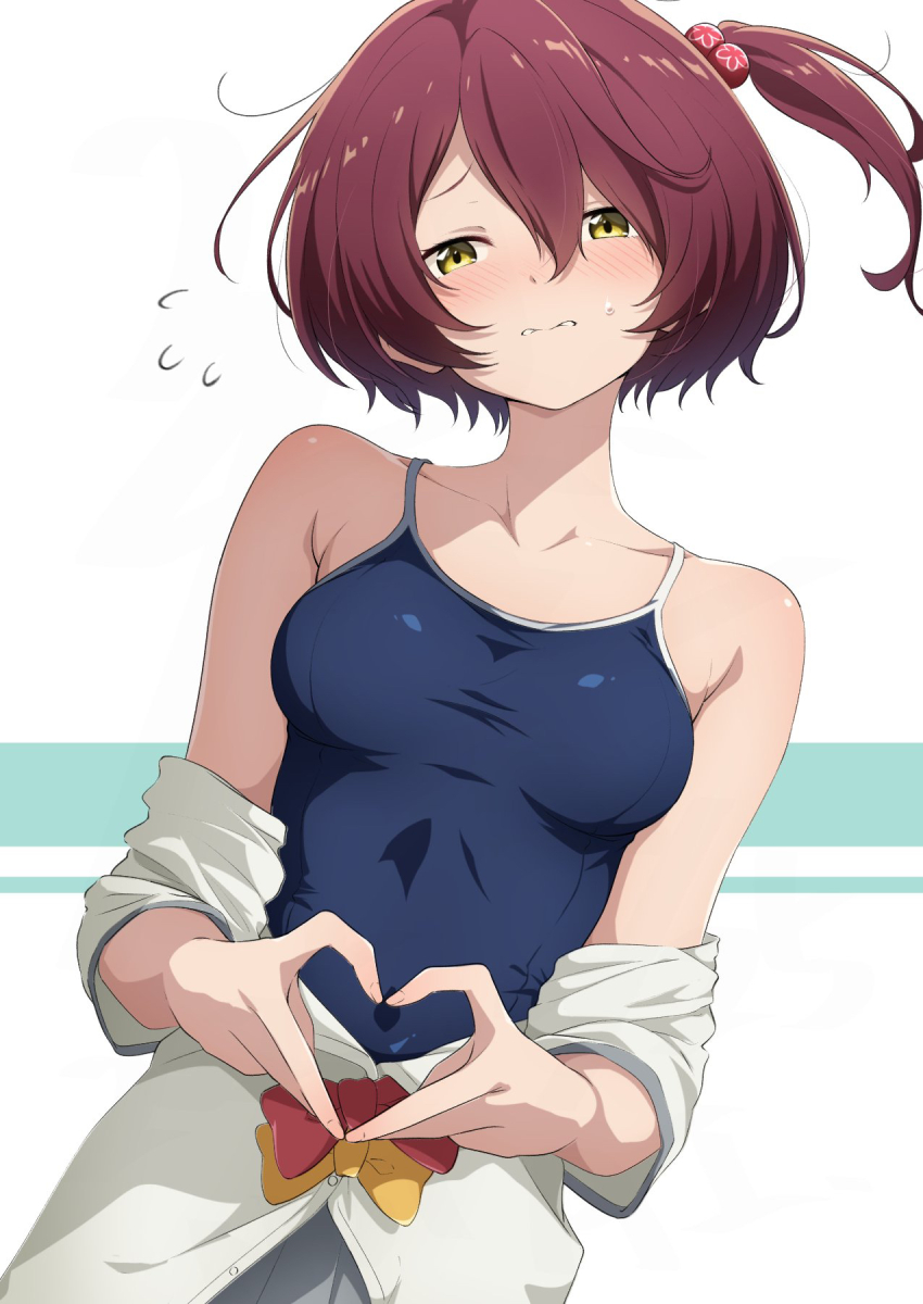 1girl blush bow bowtie breasts collarbone competition_swimsuit cowboy_shot grey_skirt hair_bobbles hair_ornament highres komari_chika looking_at_viewer make_heroine_ga_oo_sugiru! nishizuki_shino one-piece_swimsuit one_side_up red_hair school_uniform shirt short_hair short_sleeves skirt small_breasts solo swimsuit swimsuit_under_clothes trembling tsuwabuki_high_school_uniform white_shirt yellow_bow yellow_bowtie yellow_eyes