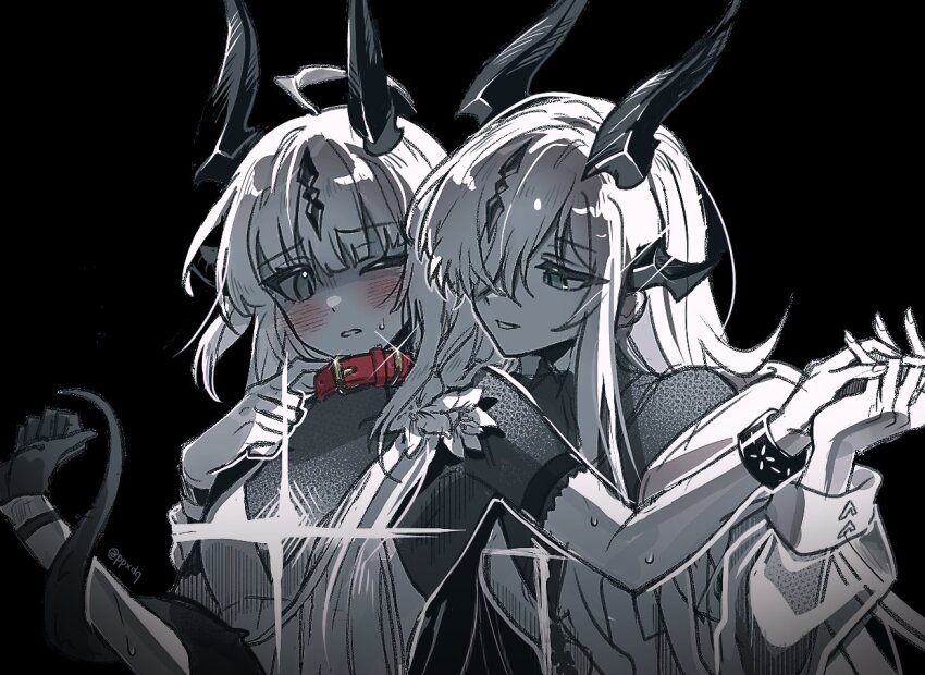 2girls adjusting_collar ahoge animal_collar arknights backlighting black_background blush bodystocking bracelet collar dragon_girl dragon_horns dragon_tail femdom flower front-to-back frown gloves green_eyes hair_over_one_eye hair_over_shoulder holding_hands horns incest infection_monitor_(arknights) interlocked_fingers jewelry limited_palette long_hair long_sleeves looking_at_another looking_down low_ponytail multiple_girls multiple_horns necrass_(arknights) nervous one_eye_closed one_eye_covered parted_lips partially_shaded_face ponytail ppxdq red_collar reed_(arknights) reed_the_flame_shadow_(arknights) screentones see-through_clothes see-through_sleeves shaded_face simple_background single_glove slit_pupils smile sparkle sweat sweatdrop tail yuri