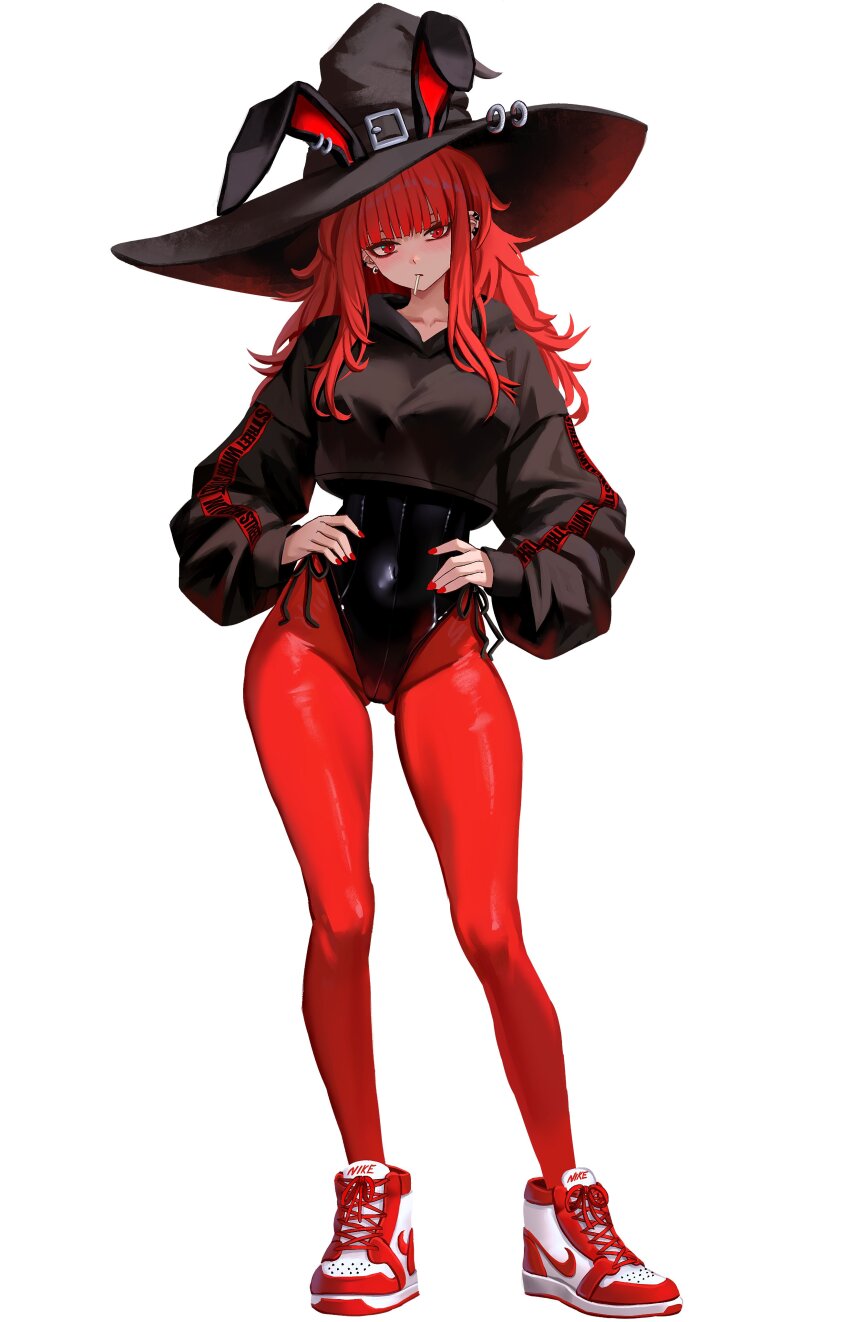 1girl absurdres animal_ears black_leotard black_shrug blunt_bangs breasts commentary ear_piercing english_commentary fake_animal_ears hands_on_own_hips hat highleg highleg_leotard highres leotard lollipop_in_mouth long_hair long_sleeves nike_(company) original pantyhose piercing playboy_bunny rabbit_ears rabbit_tail red_eyes red_hair red_pantyhose shoes shrug_(clothing) simple_background sneakers solo standing tail val_(yan_kodiac) white_background witch_hat yan_kodiac