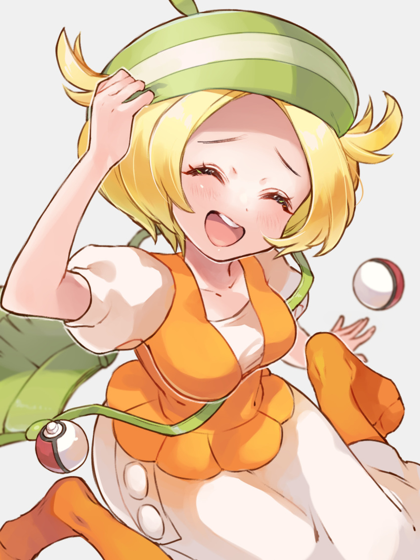 1girl :d bag beret bianca_(pokemon) blonde_hair blush breasts closed_eyes commentary_request dress eyelashes green_bag green_hat hand_on_headwear hat highres nintendo no_shoes open_mouth orange_pantyhose orange_vest pantyhose poke_ball poke_ball_(basic) pokemon pokemon_bw sasairebun short_hair short_sleeves shoulder_bag sitting smile solo teeth tongue upper_teeth_only vest white_dress