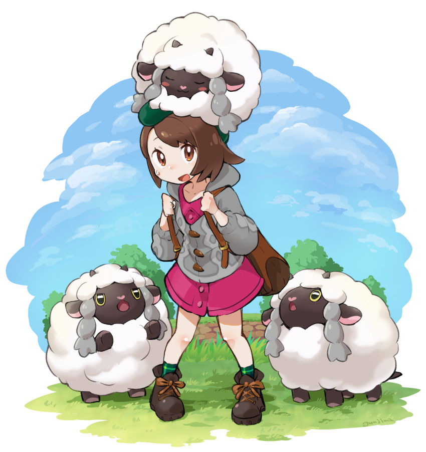 1girl :3 backpack bag blue_sky boots brown_bag brown_eyes brown_footwear brown_hair buttons cable_knit cardigan closed_eyes cloud collared_dress commentary_request day dress gen_8_pokemon gloria_(pokemon) grass green_headwear green_socks grey_cardigan gunjima_souichirou hands_up hat highres holding_strap hood hood_down hooded_cardigan long_sleeves looking_at_another looking_up nintendo on_head open_mouth outdoors pink_dress plaid_clothes plaid_socks pokemon pokemon_(creature) pokemon_on_head pokemon_swsh sheep short_hair sky smile socks standing sweatdrop tam_o&#039;_shanter tree wooloo