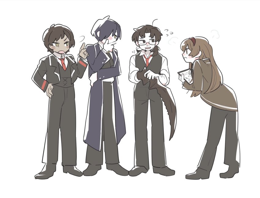 2boys 2girls arthropod_limbs ascot black_ascot black_pants black_shoes black_vest brown_coat brown_eyes brown_hair coat collared_shirt dark-skinned_female dark_skin facial_hair full_body glasses gregor_(project_moon) hairband highres kojocho05 lapels library_of_ruina limbus_company long_hair long_sleeves looking_at_another low_ponytail malkuth_(project_moon) multiple_boys multiple_girls necktie outis_(project_moon) pants ponytail project_moon purple_coat purple_hair red_hairband red_necktie shirt shoes short_hair simple_background standing vest white_background white_shirt yellow_eyes yesod_(project_moon)