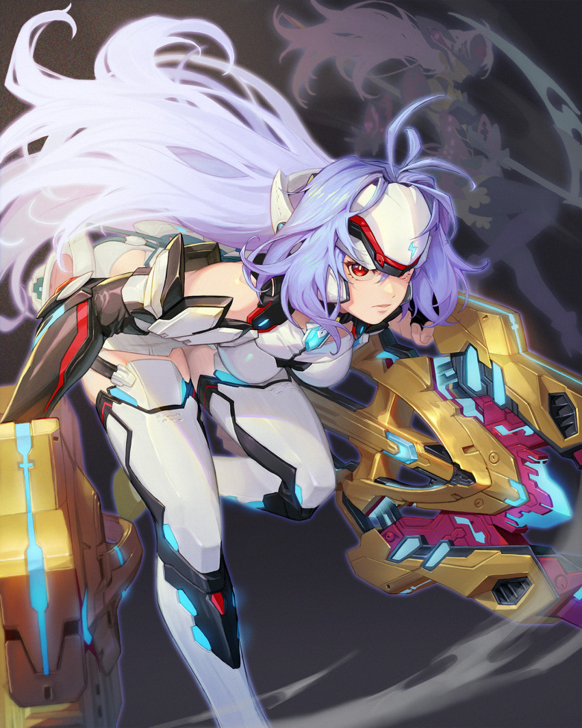 2girls android bare_shoulders breasts chest_jewel energy_weapon f.k_(hs225kr) forehead_protector gloves grey_background highres kos-mos kos-mos_re: leaning_forward long_hair looking_at_viewer medium_breasts multiple_girls purple_eyes red_eyes scythe simple_background solo_focus t-elos t-elos_re: thighhighs very_long_hair weapon xenoblade_chronicles_(series) xenoblade_chronicles_2 xenosaga