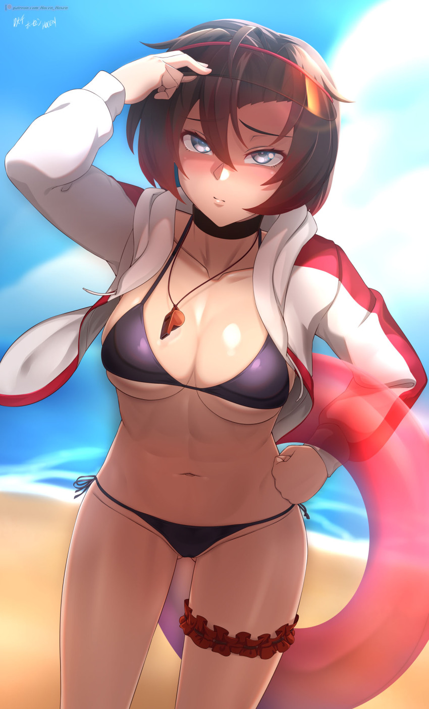 1girl abs arm_up beach bikini black_bikini black_choker blue_sky blurry blurry_background breasts choker cleavage clenched_hand closed_mouth cloud cloudy_sky commentary cowboy_shot day english_commentary eyewear_on_head grey_eyes hair_between_eyes hand_on_own_hip highres holding holding_swim_ring innertube jacket light_frown long_sleeves looking_at_viewer multicolored_jacket navel open_clothes open_jacket outdoors paid_reward_available patreon_logo patreon_username red-framed_eyewear red_jacket ruby_rose rwby side-tie_bikini_bottom signature sky solo standing sunglasses swim_ring swimsuit thigh_scrunchie two-tone_jacket variant_set vilde_loh_hocen watermark web_address whistle whistle_around_neck white_jacket
