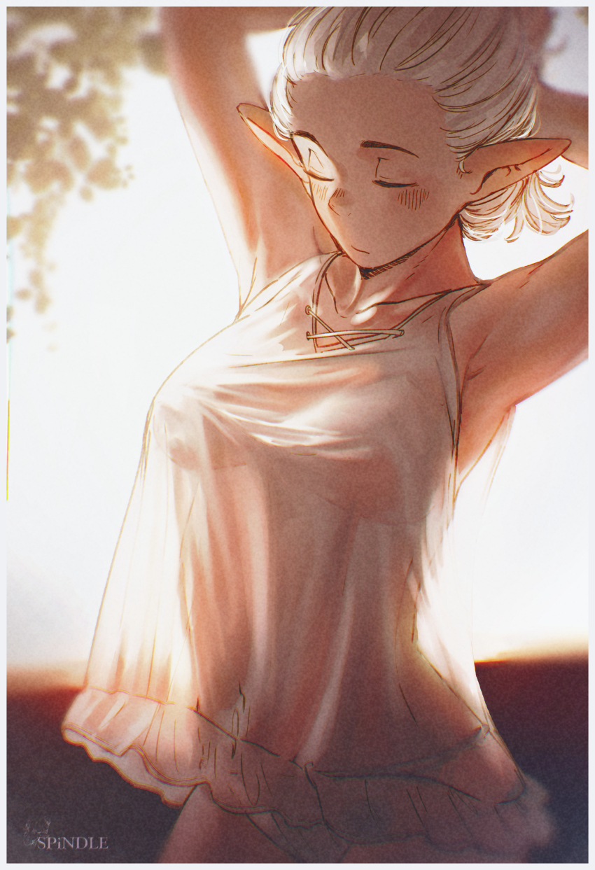 1girl absurdres adjusting_hair armpits arms_behind_head arms_up artist_logo artist_name asimov_(spindle_(aidenr0)) babydoll backlighting bare_shoulders blurry blurry_background blush border branch breasts closed_eyes closed_mouth collarbone commentary cowboy_shot elf english_commentary expressionless frilled_babydoll hair_pulled_back hairdressing highres leaf lingerie logo medium_breasts original panties pointy_ears see-through_babydoll see-through_clothes see-through_silhouette sleeveless solo spindle_(aidenr0) underwear waking_up white_babydoll white_border white_hair white_panties
