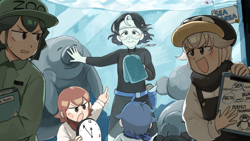 6+girls :d :o absurdres aquarium bird black_hair black_overalls black_scarf black_wetsuit blue_hair bodysuit clock commentary diva_(hyxpk) diving_suit donut_stamp double_bun duck english_commentary goggles green_hair green_hat green_shirt grey_hair hair_bun hat highres holding_clock lion_shirt_girl_(diva) manatee multicolored_hair multiple_girls open_mouth orca_keeper_(diva) overalls parrot_keeper_(diva) penguin_hat penguin_keeper_(diva) pointing red_hair scarf shirt short_hair smile spiked_hair springsuit streaked_hair survey_girl_(diva) wetsuit whistle whistle_around_neck white_hair white_shirt zoo zookeeper zookeepers_(diva)
