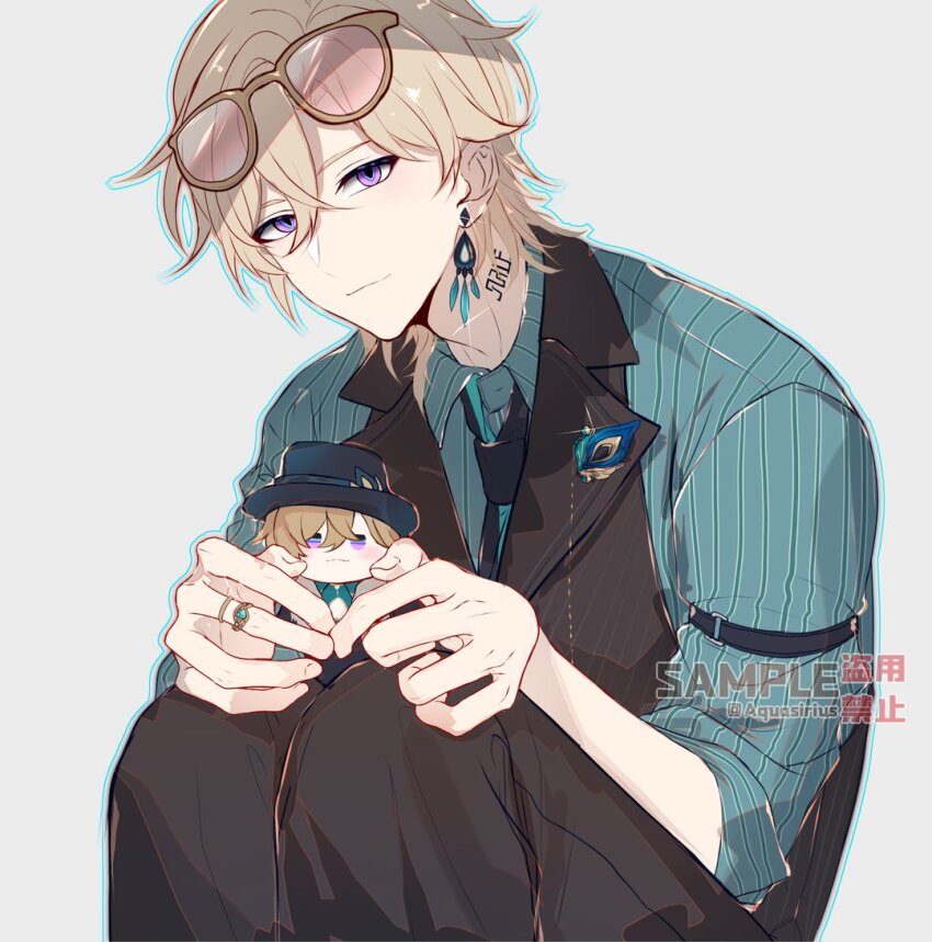 1boy aqueasirius aventurine_(honkai:_star_rail) black_hat black_necktie black_pants black_vest blonde_hair blue_eyes blue_gemstone blue_shirt character_doll closed_mouth collared_shirt commentary_request crossed_bangs doll earrings eyewear_on_head fingernails formal_clothes gem gold_ring hair_between_eyes hat holding holding_doll honkai:_star_rail honkai_(series) jewelry lapels long_sleeves looking_at_viewer male_focus multicolored_eyes neck_tattoo necktie pants pink-tinted_eyewear purple_eyes sample_watermark shirt short_hair simple_background single_earring sitting smile solo striped_clothes striped_shirt sunglasses tattoo tinted_eyewear vertical-striped_clothes vertical-striped_shirt vest watermark white_background yellow-framed_eyewear