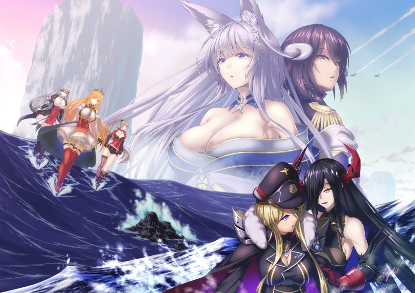 6+girls animal_ear_fluff animal_ears asymmetrical_footwear asymmetrical_legwear azur_lane back-to-back bare_shoulders bismarck_(azur_lane) bismarck_(coat_of_arms) black_hair black_headwear black_jacket black_shorts black_thighhighs blonde_hair blue_eyes blue_kimono boots braid breasts brown_hair butterfly_hair_ornament cape cleavage corset crown crown_braid curled_horns day detached_collar detached_sleeves dress dunkerque_(azur_lane) epaulettes fox_ears framed_breasts friedrich_der_grosse_(azur_lane) fur-trimmed_cape fur_trim gloves gold_trim grey_hair hair_ornament hair_over_one_eye half_gloves hat high_ponytail highres horns huge_breasts jacket japanese_clothes jean_bart_(azur_lane) juliet_sleeves kimono kitsune knee_boots large_breasts light_brown_hair long_hair long_sleeves looking_at_another maltese_cross mechanical_horns medium_breasts mikasa_(azur_lane) military military_uniform mismatched_legwear multiple_girls naval_uniform ocean orange_hair outdoors peaked_cap ponytail puffy_sleeves purple_eyes red_cape red_corset red_eyes red_gloves red_horns red_thighhighs richelieu_(azur_lane) shinano_(azur_lane) short_dress short_shorts shorts skull_belt striped_clothes striped_sleeves striped_thighhighs thighhighs vertical-striped_clothes vertical-striped_thighhighs very_long_hair walking walking_on_liquid water waves white_dress yellow_eyes zephid