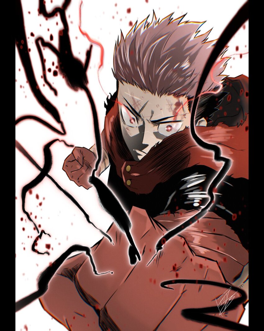 1boy angry black_lightning clawed_gauntlets gauntlets glowing glowing_eyes highres hood hoodie incoming_attack itadori_yuuji jujutsu_kaisen jujutsu_tech_uniform kouta_decade lightning male_focus pink_hair pink_hoodie punching scar scar_on_face solo white_background