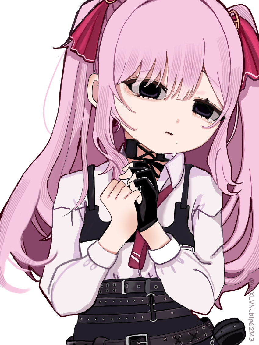 1girl absurdres black_gloves blush breasts gloves goddess_of_victory:_nikke hair_ribbon highres holding long_hair looking_at_viewer mole mole_under_mouth open_mouth pink_hair purple_eyes ribbon shirt shorts solo thighs twintails usagi_satsuki white_shirt yuni_(nikke)