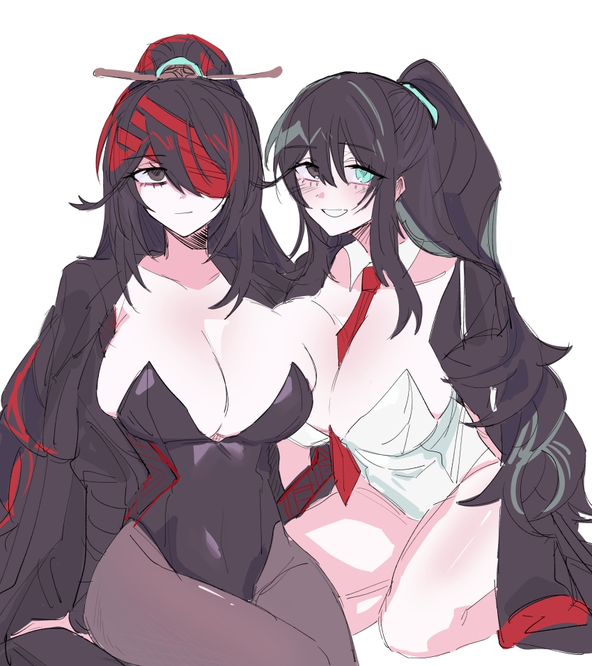 2girls absurdres bandage_over_one_eye black_eyes black_hair black_pantyhose blue_eyes breasts closed_mouth coat coat_on_shoulders detached_collar family_hierarch_candidate_(identity)_(project_moon) genderswap genderswap_(mtf) heterochromia high_ponytail highres hong_lu_(project_moon) large_breasts leotard limbus_company long_hair looking_at_viewer multiple_girls necktie one_eye_covered open_mouth pantyhose playboy_bunny ponytail project_moon red_necktie sei02080308 strapless strapless_leotard white_background
