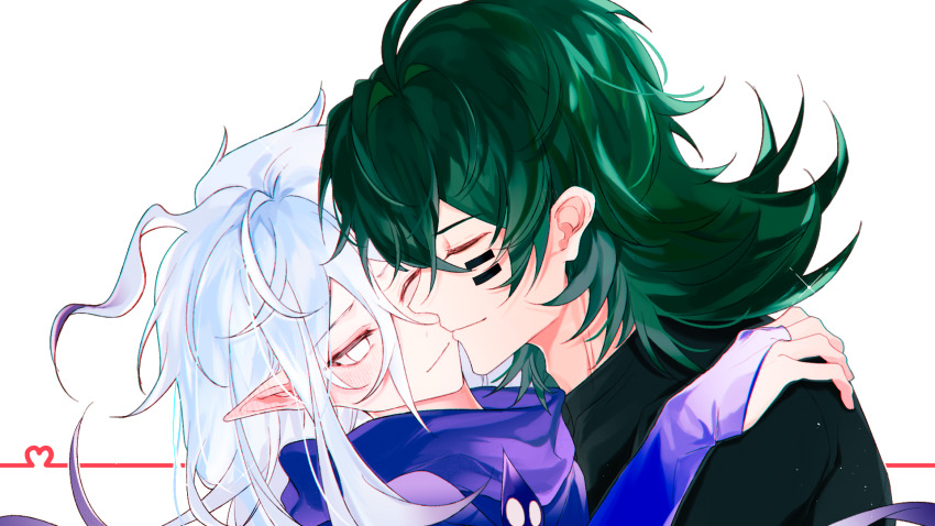 2boys ;) adam&#039;s_apple ahoge black_shirt blue_hair blush bridal_gauntlets cheek_tattoo chinese_commentary chromatic_aberration closed_eyes commentary_request crossed_bangs double-parted_bangs ear_blush flipped_hair gatling_pea_(plants_vs._zombies) green_hair hair_between_eyes hand_on_another&#039;s_shoulder highres light_particles long_hair long_hair_between_eyes looking_at_another male_focus medium_hair multiple_boys no_pupils nuzzle one_eye_closed personification plants_vs._zombies plants_vs._zombies_2 pointy_ears portrait profile purple_scarf scarf shadow_peashooter_(plants_vs._zombies) shirt siiiiiiiiiii simple_background smile sparkle tattoo turtleneck turtleneck_shirt u_u white_background white_eyes yaoi
