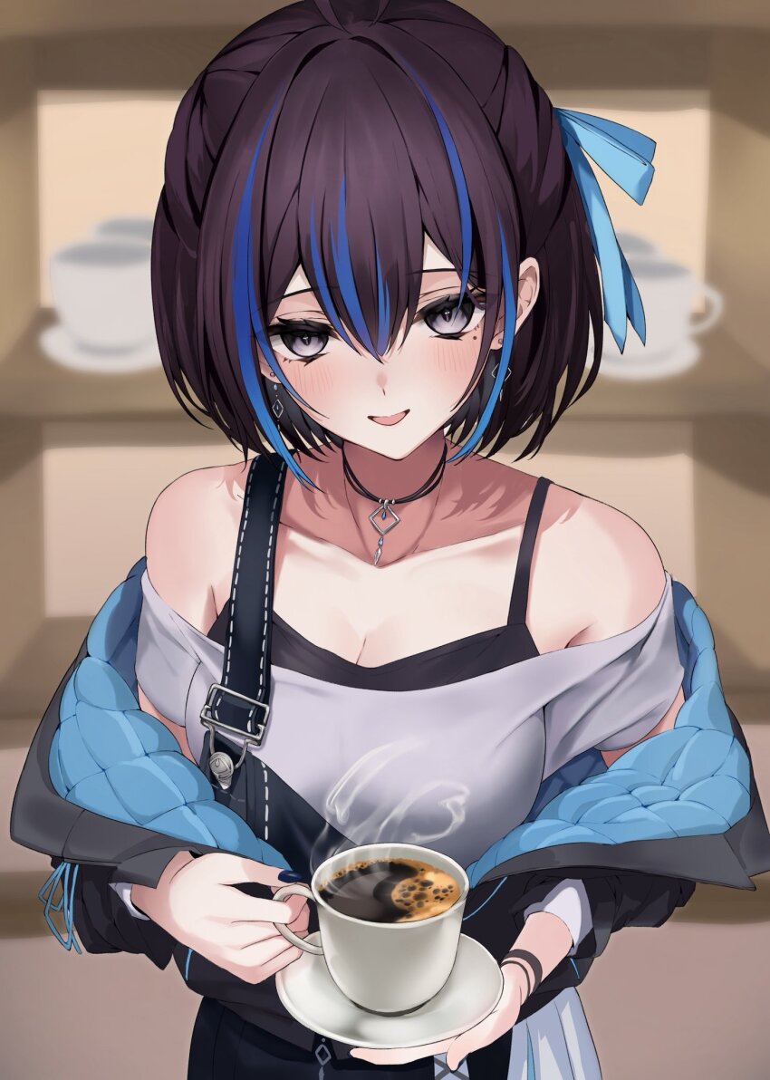 1girl argule0901 black_hair black_jacket black_overalls blue_hair blue_ribbon blurry blurry_background breasts cleavage coffee commentary_request cup double-parted_bangs earrings grey_eyes hair_ribbon highres holding holding_cup indie_virtual_youtuber indoors jacket jewelry large_breasts looking_at_viewer mole mole_under_eye multicolored_hair necklace off-shoulder_shirt off_shoulder open_mouth overalls partially_unzipped quilted_jacket ribbon shirt short_hair solo streaked_hair t-shirt two-sided_fabric two-sided_jacket two-tone_hair upper_body virtual_youtuber yubari_rei