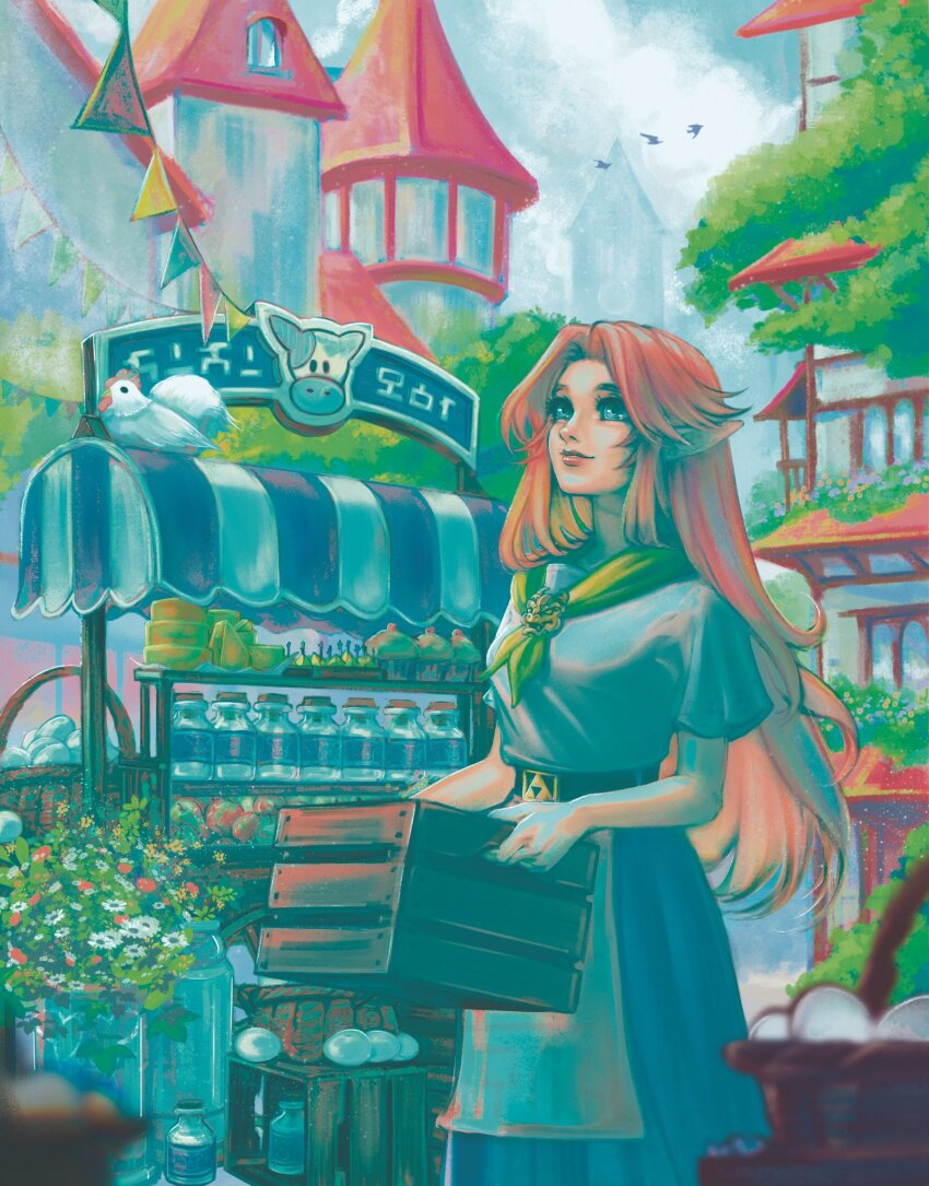 1girl apron belt_buckle belt_pouch bird blue_eyes bottle buckle chicken city crate cucco dress egg flower highres holding long_hair looking_up malon milk_bottle nintendo outdoors pennant planter pointy_ears pouch red_hair smile solo the_legend_of_zelda the_legend_of_zelda:_ocarina_of_time tree