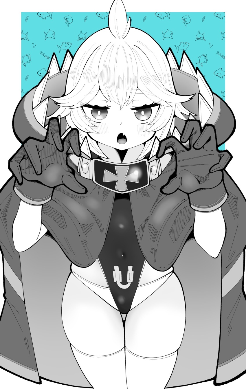 1girl absurdres azur_lane black_gloves border claw_pose covered_navel cross fang gloves greyscale hands_up highres iron_cross light_blush looking_at_viewer monochrome one-piece_swimsuit open_mouth outside_border short_hair skin_fang skindentation solo swimsuit tekitou_nimo_hodo_ga_aru thigh_gap thighhighs u-110_(azur_lane) white_border white_hair white_thighhighs