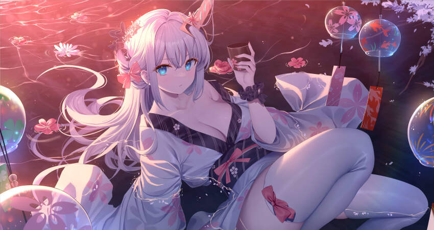 1girl absurdres blue_eyes bow breasts character_request cleavage collarbone cup floral_print flower hair_bow haze/reverb highres holding holding_cup japanese_clothes kimono long_hair long_sleeves looking_at_viewer medium_breasts obi off_shoulder pink_bow print_kimono red_flower roi_(liu_tian) sash sitting solo thighhighs water white_hair white_kimono white_thighhighs wide_sleeves yukata