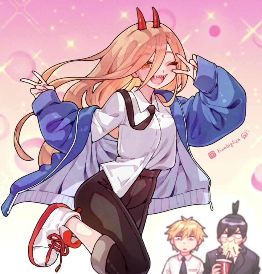 1girl 2boys artist_name black_hair black_jacket black_necktie black_pants blonde_hair blue_jacket breasts chainsaw_man collared_shirt cross-shaped_pupils cup demon_girl demon_horns denji_(chainsaw_man) disposable_cup double_v drinking_straw furrowed_brow hair_between_eyes hayakawa_aki high_ponytail highres holding holding_cup horns jacket lianbiglian long_hair long_sleeves medium_breasts multiple_boys necktie necktie_over_shoulder one_eye_closed orange_eyes orange_hair pants ponytail power_(chainsaw_man) red_horns sharp_teeth shirt shirt_partially_tucked_in shoes short_ponytail sneakers sparkle spit_take spitting suit_jacket symbol-shaped_pupils teeth upper_body v white_footwear white_shirt