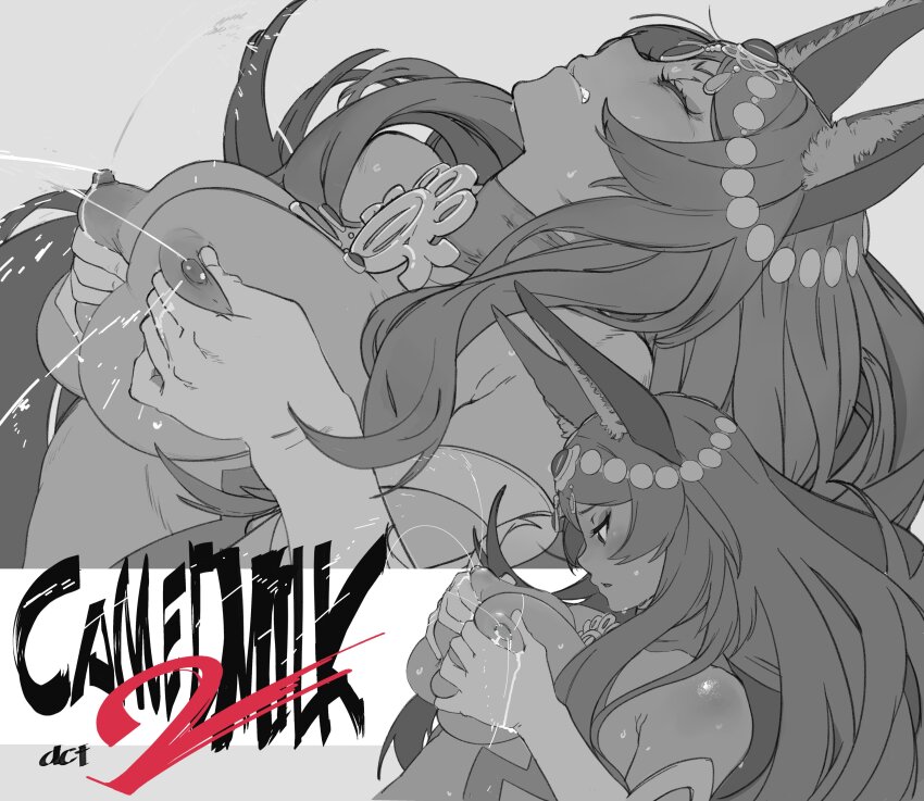 1girl absurdres animal_ears blush breasts closed_eyes dark-skinned_female dark_skin fate/grand_order fate_(series) forehead_jewel grabbing_another&#039;s_breast greyscale groping head_chain hetero highres jackal_ears jewelry lactation large_breasts long_hair monochrome nipple_stimulation nipple_tweak nipples parted_bangs parted_lips queen_of_sheba_(fate) wr_(karakusa_senbei)