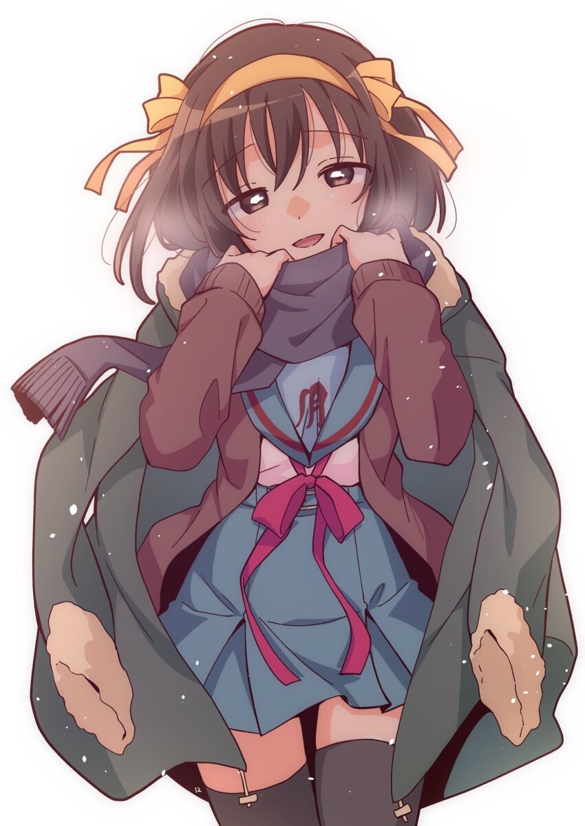 1girl :d black_scarf blue_sailor_collar blue_skirt breasts brown_cardigan brown_eyes cardigan coat commentary_request green_coat hair_ribbon hairband hands_up highres kita_high_school_uniform long_sleeves looking_at_viewer medium_hair open_cardigan open_clothes open_coat open_mouth red_ribbon ribbon sailor_collar scarf school_uniform serafuku simple_background skirt smile solo suzumiya_haruhi suzumiya_haruhi_no_yuuutsu taiki_(6240taiki) thighhighs white_background winter_uniform yellow_hairband yellow_ribbon zettai_ryouiki