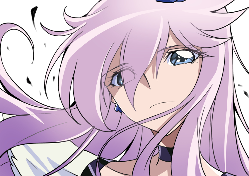 1girl absurdres black_choker blue_eyes choker closed_mouth commentary cure_moonlight dress earrings flower flower_earrings hair_flower hair_ornament heartcatch_precure! highres jewelry long_hair magical_girl precure purple_hair short_sleeves solo tsukikage_oyama tsukikage_yuri upper_body white_background white_dress