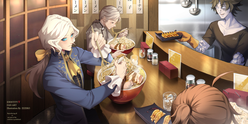 4boys absurdres aesop_carl ahoge artist_name ascot bean_sprout black_shirt black_vest blank_eyes blue_coat blue_eyes bow bowl brown_hair char-siu chinese_spoon chopsticks coat colored_skin copyright_name counter cup drinking_glass dumpling eating egg_(food) flipped_hair food fool&#039;s_gold_(identity_v) frilled_sleeves frills gloves grey_eyes grey_hair grey_jacket grey_skin hair_bow highres holding holding_chopsticks holding_plate ice ice_cube identity_v indoors izakaya jacket jiaozi joseph_desaulniers ladle light_blush long_hair long_sleeves low_ponytail luca_balsa male_focus medium_hair multiple_boys noodles orange_gloves plate ponytail ramen restaurant rock_arms rubber_gloves salt_shaker scar scar_on_face shirt short_hair short_ponytail smile solid_eyes soy_sauce soy_sauce_bottle steam stitched_mouth stitches sweat t-shirt upper_body v-neck vest water white_hair yellow_ascot yellow_bow zizero