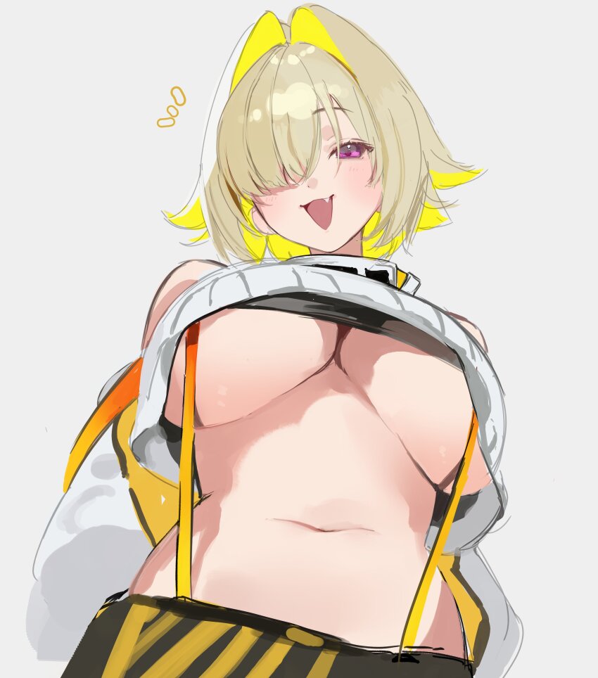 1girl absurdres blonde_hair blush breasts colored_inner_hair commentary elegg_(nikke) english_commentary fang goddess_of_victory:_nikke grey_background grey_sweater hair_intakes hair_over_one_eye highres huge_breasts long_sleeves looking_at_viewer medium_hair multicolored_hair navel no_ahoge one_eye_covered open_mouth pink_eyes ribbed_sweater simple_background smile solo stomach suspenders sweater tea_(teahrii) two-tone_hair underboob