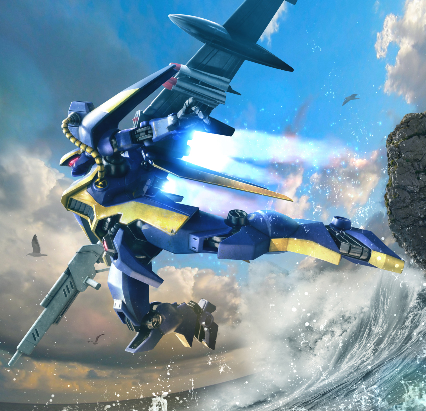 absurdres bird cloud falguen_maffu flying from_side gun highres hiropon_(tasogare_no_puu) holding holding_gun holding_weapon kikou_senki_dragonar looking_ahead mecha mechanical_wings no_humans photo_background robot science_fiction sky solo visor water weapon wings