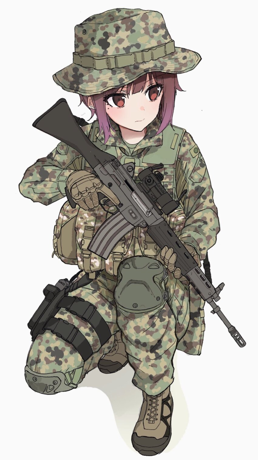 1girl assault_rifle boonie_hat brown_gloves brown_hair camouflage camouflage_headwear camouflage_jacket camouflage_pants gloves green_jacket green_pants gun highres howa_type_89 jacket japan_ground_self-defense_force japan_self-defense_force karuvo military military_combat_uniform military_uniform original pants pink_hair rifle scope solo squatting trigger_discipline weapon white_background woodland_camouflage