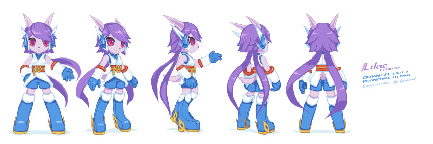 1girl 2015 absurdres arm_guards blue_boots blue_shirt blue_shorts boots breasts chinese_clothes chinese_knot chinese_text closed_mouth commentary dragon dragon_girl dragon_horns dragon_tail dress eastern_dragon english_commentary freedom_planet freedom_planet_2 from_behind from_side furry furry_female headgear highres horns incredibly_absurdres krita_(medium) light_smile low_twintails medium_breasts multiple_views non-web_source pink_eyes purple_hair reference_sheet sash_lilac shirt shorts signature soles tail tsurime twintails tyson_tan water_dragon white_dress