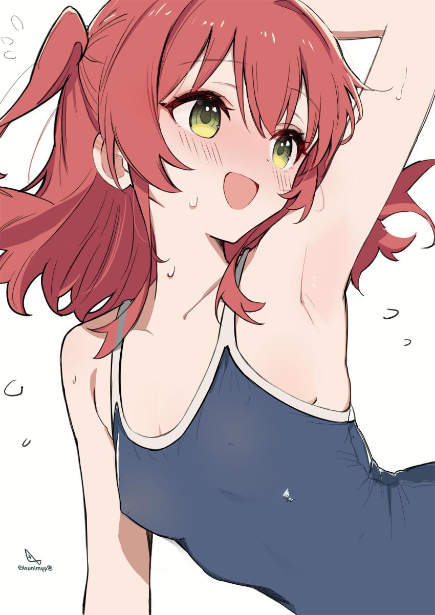 1girl absurdres arm_up armpits artist_logo blue_one-piece_swimsuit blush bocchi_the_rock! breasts covered_erect_nipples dated_commentary green_eyes hair_between_eyes highres kita_ikuyo logo minusk9 one-piece_swimsuit one_side_up open_mouth red_hair simple_background small_breasts smile solo swimsuit twitter_username white_background