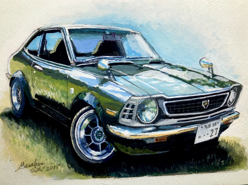 absurdres atelier_634 car grass green_car highres motor_vehicle no_humans original painting_(medium) toyota toyota_corolla traditional_media vehicle_focus watercolor_(medium)