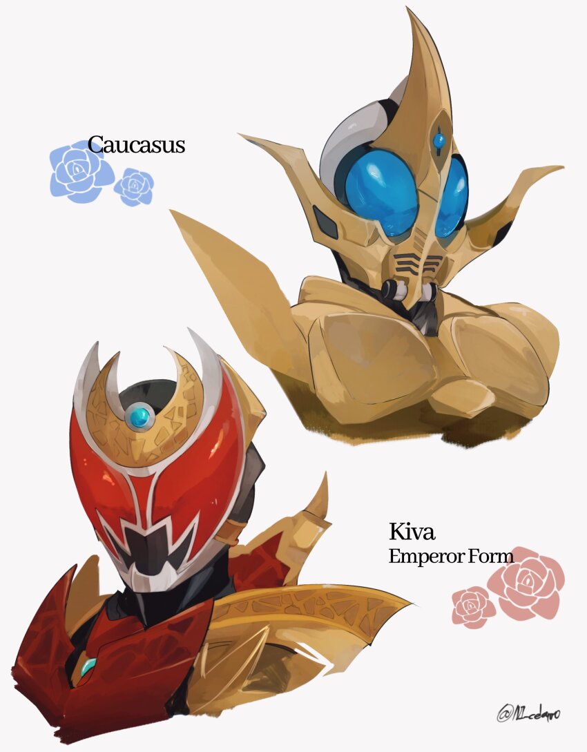 2boys absurdres armor blue_flower blue_rose compound_eyes crescent flower gold_armor helmet highres kamen_rider kamen_rider_caucasus kamen_rider_kiva_(emperor_form) kamen_rider_kiva_(series) male_focus multiple_boys ni_celery_pk power_armor red_armor red_flower red_rose rose simple_background twitter_username upper_body white_background