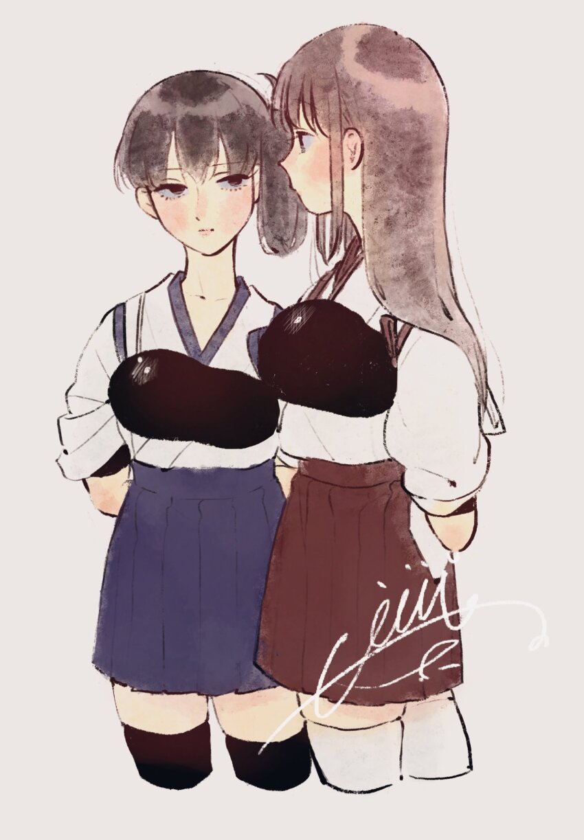 2girls akagi_(kancolle) arms_behind_back black_eyes black_hair black_thighhighs blue_skirt brown_hair closed_mouth commentary_request cropped_legs hakama hakama_skirt highres japanese_clothes kaga_(kancolle) kantai_collection kimono long_hair looking_at_another medium_hair multiple_girls muneate oucha_(aupt31) red_skirt shirt_tucked_in side_ponytail signature simple_background skirt thighhighs white_background white_kimono white_thighhighs