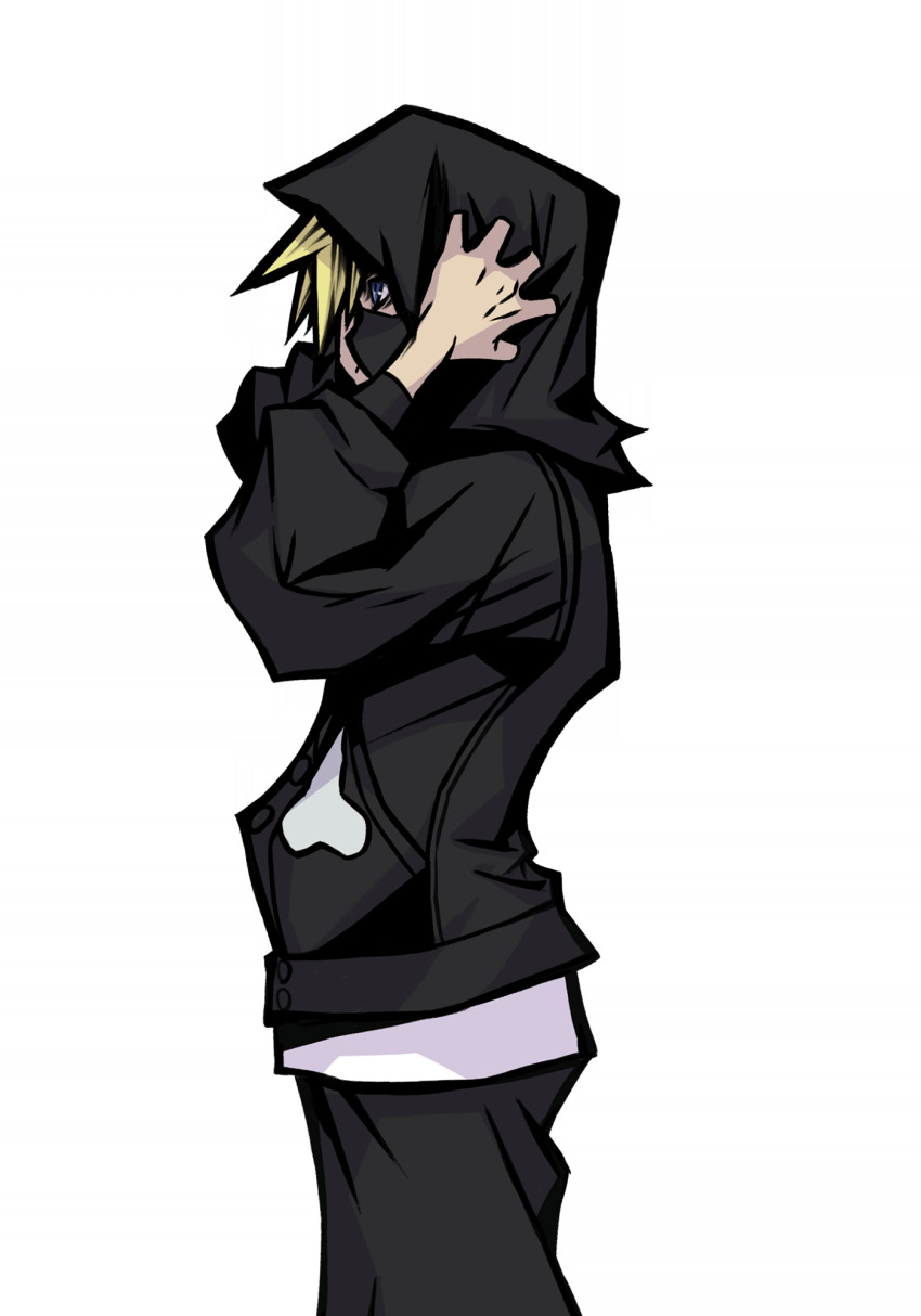 1boy bito_daisukenojo black_hoodie blonde_hair blue_eyes hand_on_own_ear headphones highres hood hood_up hoodie looking_to_the_side mask medium_hair mouth_mask nomura_tetsuya official_art shin_subarashiki_kono_sekai solo subarashiki_kono_sekai transparent_background