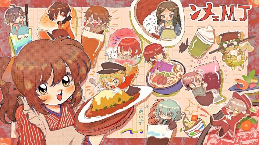 1girl 6+boys ^_^ ahoge alcohol apron arrow_(symbol) ascot ayazuki_mei beer beer_glass black_footwear black_hakama black_hat black_jacket black_pants black_sleeves black_suit blonde_hair blue_eyes blue_hair blue_jacket blue_kimono blue_necktie blush_stickers border bowl brown_footwear brown_hair brown_jacket brown_kimono brown_pants brown_sleeves brown_suit bubble cape character_request charlie_(meiji_tokyo_renka) chibi chopsticks closed_eyes closed_mouth coat coattails collared_jacket commentary_request crossed_arms crossed_legs crumbs cup drinking_glass eating eyelashes food formal_clothes frilled_apron frills fujita_gorou full_body fur-trimmed_coat fur_trim glass glasses green_eyes green_hair green_kimono green_sleeves hair_between_eyes hair_ribbon hakama hakama_skirt haori hat hat_feather hishida_shunsou holding holding_bowl holding_chopsticks holding_food holding_spoon ice_cream in_food izumi_kyouka_(meiji_tokyo_renka) jacket japanese_clothes kawakami_otojirou kimono koizumi_yakumo_(meiji_tokyo_renka) layered_sleeves light_blush long_hair long_sleeves looking_at_viewer loose_hair_strand medium_hair meiji_tokyo_renka monocle mori_ougai_(meiji_tokyo_renka) multiple_boys necktie noodles notice_lines omelet open_clothes open_jacket open_mouth orange_coat orange_eyes orange_ribbon orange_sleeves outline outside_border pants peaked_cap pinstripe_jacket pinstripe_pants pinstripe_pattern pinstripe_suit plaid_clothes plaid_kimono plaid_sleeves purple_eyes purple_hair purple_kimono rabbit ramen red_border red_cape red_hair red_hakama red_hat red_jacket red_kimono red_pants red_sleeves red_suit ribbon round_eyewear sandals shirt shoes short_kimono side_ponytail skirt smile socks soda spoon star_(symbol) straight_hair striped_clothes striped_kimono sugi_haeru suit upper_body upside-down vertical-striped_clothes vertical-striped_kimono vertical-striped_sleeves wavy_hair white_apron white_ascot white_background white_outline white_shirt white_sleeves white_socks wide_sleeves wine_glass yellow-framed_eyewear yellow_eyes yellow_sandals