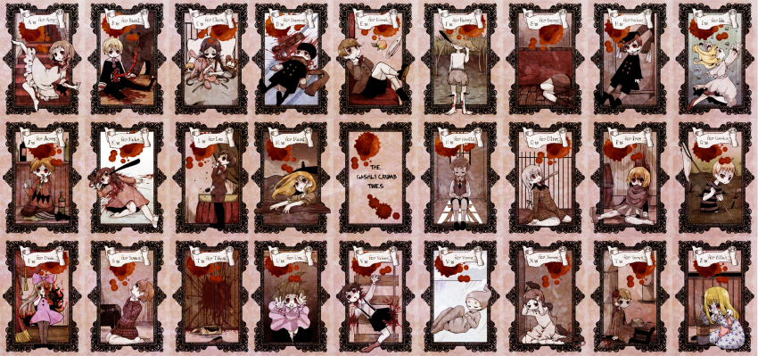 6+boys 6+girls alcohol amy_(gashlycrumb_tinies) animification arms_up asphyxiation axe barefoot basil_(gashlycrumb_tinies) bear bed blonde_hair blood blood_in_mouth blood_on_face blood_stain bottle bowl box braid brown_hair bruise burning character_name clara_(gashlycrumb_tinies) closed_eyes copyright_name corpse covering_face covering_own_mouth covering_privates cup death death_(entity) desmond_(gashlycrumb_tinies) doll dress drowning drunk edo. ernest_(gashlycrumb_tinies) eyeleteer falling fanny_(gashlycrumb_tinies) fishing_net food from_above fruit fur_hat george_(gashlycrumb_tinies) grim_reaper guro hair_ribbon hand_on_own_neck hands_on_another&#039;s_cheeks hands_on_another&#039;s_face hands_on_own_head hanged hat head_tilt hector_(gashlycrumb_tinies) highres hugging_doll hugging_object ice ida_(gashlycrumb_tinies) injury intestines james_(gashlycrumb_tinies) kate_(gashlycrumb_tinies) lake leech leo_(gashlycrumb_tinies) lighthouse long_hair long_image lying maud_(gashlycrumb_tinies) mittens mouse_(animal) multiple_boys multiple_girls murder necktie neville_(gashlycrumb_tinies) no_nose ocean olive_(gashlycrumb_tinies) open_mouth parody partially_submerged peach pillar plate poison prue_(gashlycrumb_tinies) quentin_(gashlycrumb_tinies) railroad_tracks red_eyes rhoda_(gashlycrumb_tinies) ribbon rope rug run_over scarf shoes short_hair single_braid single_shoe sitting skull smack socks stab stairs strangling stuffed_animal stuffed_toy style_parody suicide sun_hat susan_(gashlycrumb_tinies) suspenders swallowing tack the_gashlycrumb_tinies titus_(gashlycrumb_tinies) tombstone twitching una_(gashlycrumb_tinies) underwater ushanka victor_(gashlycrumb_tinies) vomit vomiting water weapon wetland wide_image winnie_(gashlycrumb_tinies) wooden_beam xerxes_(gashlycrumb_tinies) yorick_(gashlycrumb_tinies) zillah_(gashlycrumb_tinies)