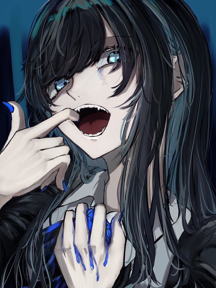 1girl ado_(utaite) black_hair blue_eyes blue_flower blue_hair blue_nails blue_rose chando_(ado) collared_shirt colored_inner_hair commentary fangs finger_in_own_mouth flower hashtag-only_commentary highres long_hair looking_at_viewer multicolored_hair nail_polish open_mouth rose shirt solo tanake_(tanakei_ado) teeth upper_body utaite white_shirt