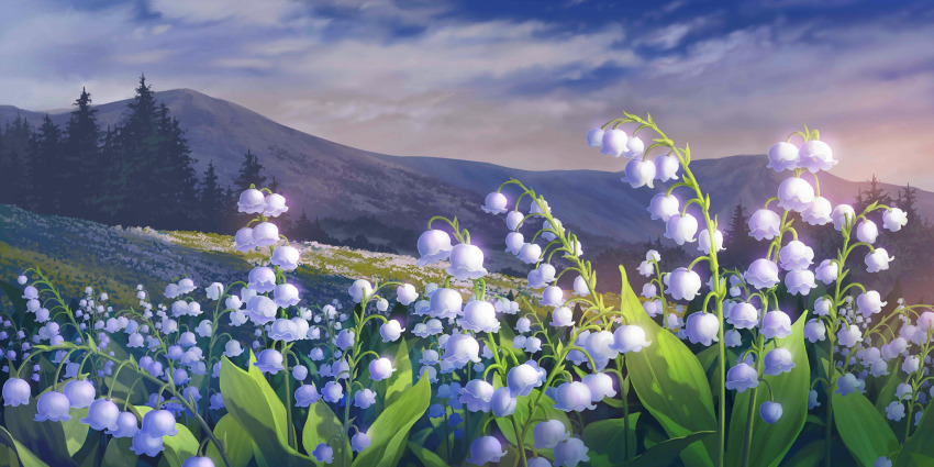 cloud cloudy_sky day flower forest highres kosian leaf lily_of_the_valley meadow mountainous_horizon nature no_humans non-web_source official_art scenery second-party_source sky touhou touhou_lostword tree white_flower