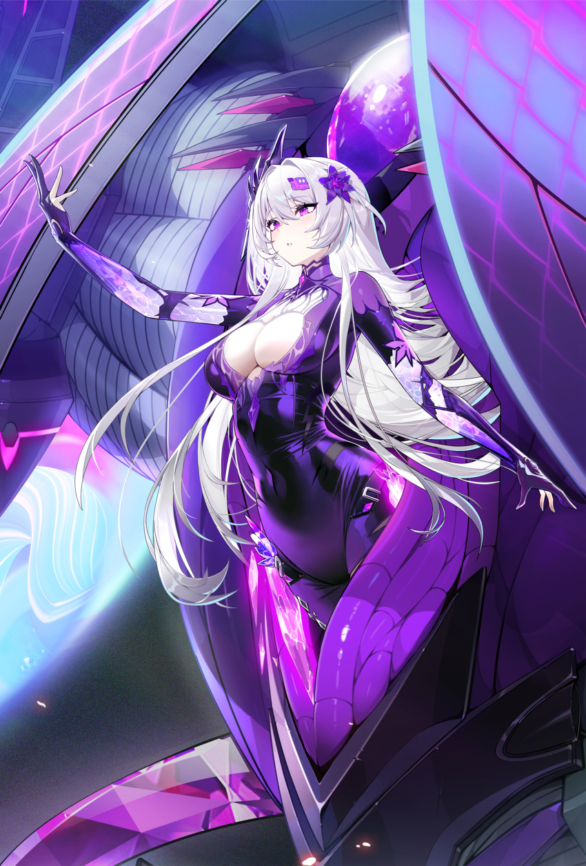 1girl absurdres blurry blurry_background bodysuit breasts calder center_opening chinese_commentary cleavage cleavage_cutout clothing_cutout commentary_request covered_navel crystal crystal_shards floating_hair flower gem glowing glowing_wings hair_flower hair_intakes hair_ornament hand_up highres large_breasts long_hair looking_ahead machinery mecha nemesis_(tower_of_fantasy) nemesis_-_voidpiercer parted_lips purple_bodysuit purple_eyes purple_flower purple_gemstone robot solo sparks tower_of_fantasy very_long_hair white_hair wings