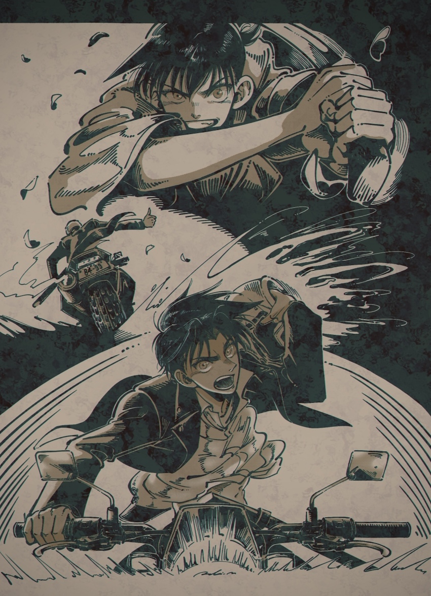 2boys clenched_teeth floating_clothes floating_hair greyscale grin hattori_heiji helmet highres holding holding_helmet holding_sword holding_weapon jacket kachohuugetsu license_plate looking_at_viewer male_focus meitantei_conan monochrome motor_vehicle motorcycle motorcycle_helmet multiple_boys multiple_views okita_soushi_(meitantei_conan) on_motorcycle open_mouth petals smile sword teeth weapon wide_sleeves